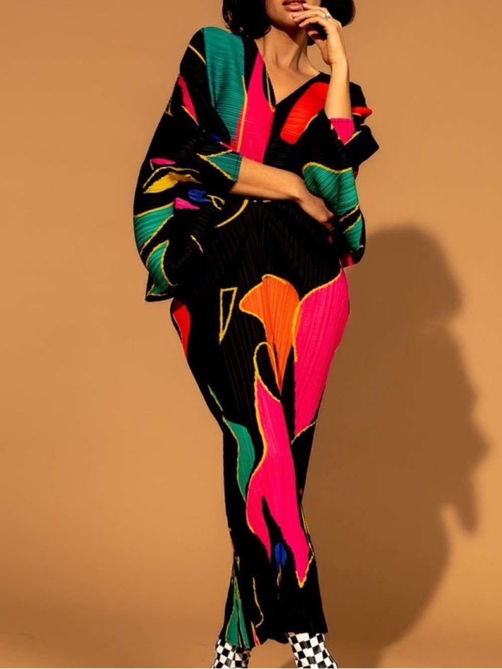 Dressed in LALA Pleated Abstract Print Dress in Pink, Navy & Gold